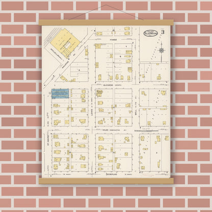 Old map wall art mockup — magnetic wood frame on brick wall — Sanborn Fire Insurance Map from Blue Mound, Macon County, Illinois (1922), Sheet #0003