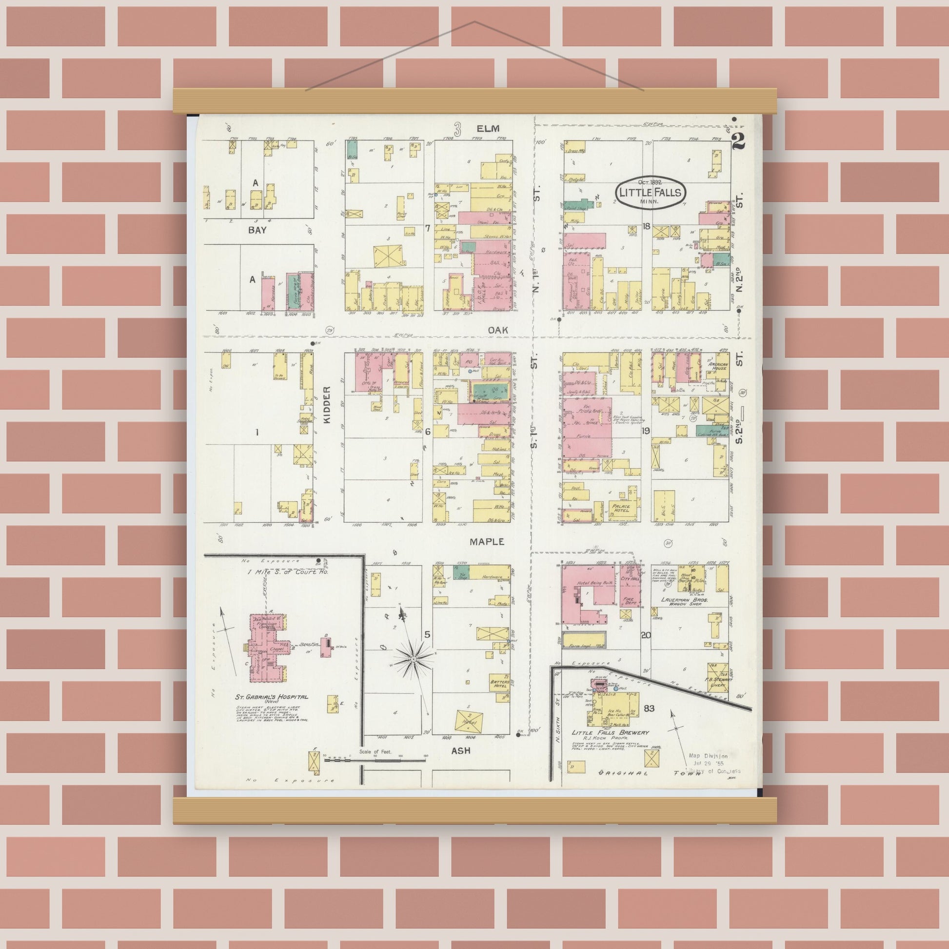 Old map wall art mockup — magnetic wood frame on brick wall — Sanborn Fire Insurance Map from Little Falls, Morrison County, Minnesota (1892), Sheet #0002