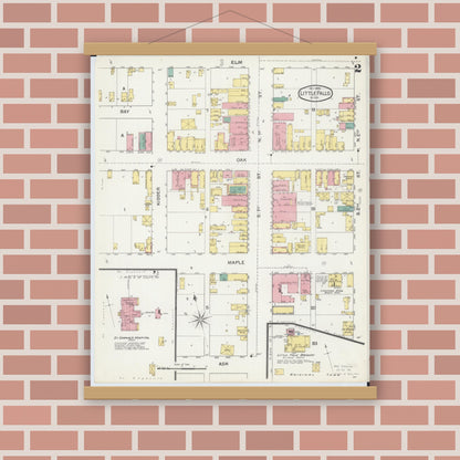 Old map wall art mockup — magnetic wood frame on brick wall — Sanborn Fire Insurance Map from Little Falls, Morrison County, Minnesota (1892), Sheet #0002