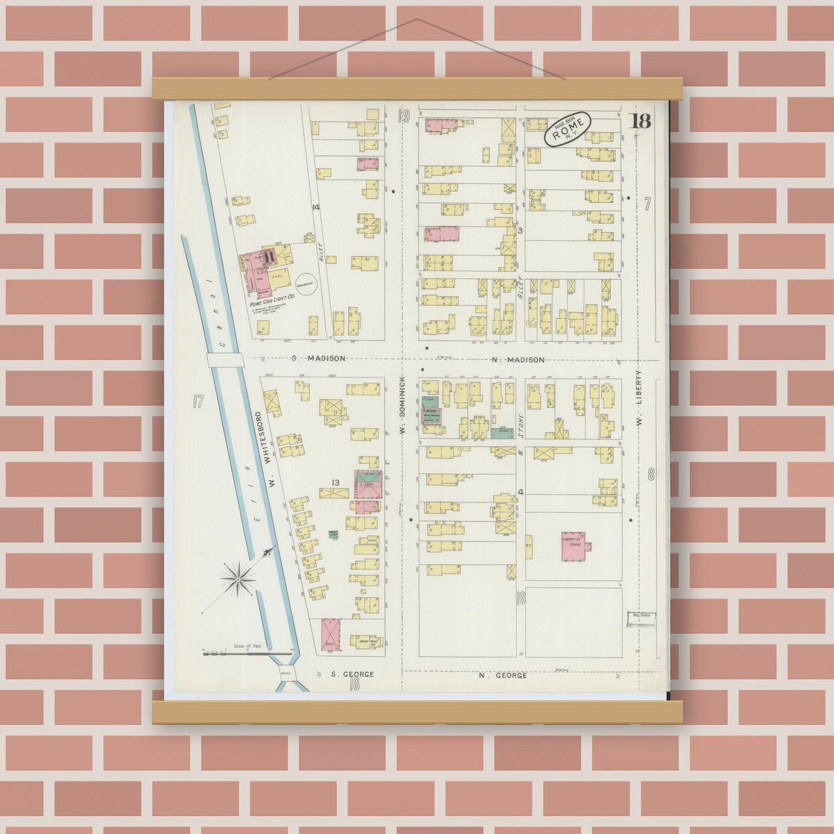 Old map wall art mockup — magnetic wood frame on brick wall — Sanborn Fire Insurance Map from Rome, Oneida County, New York (1894), Sheet #0018