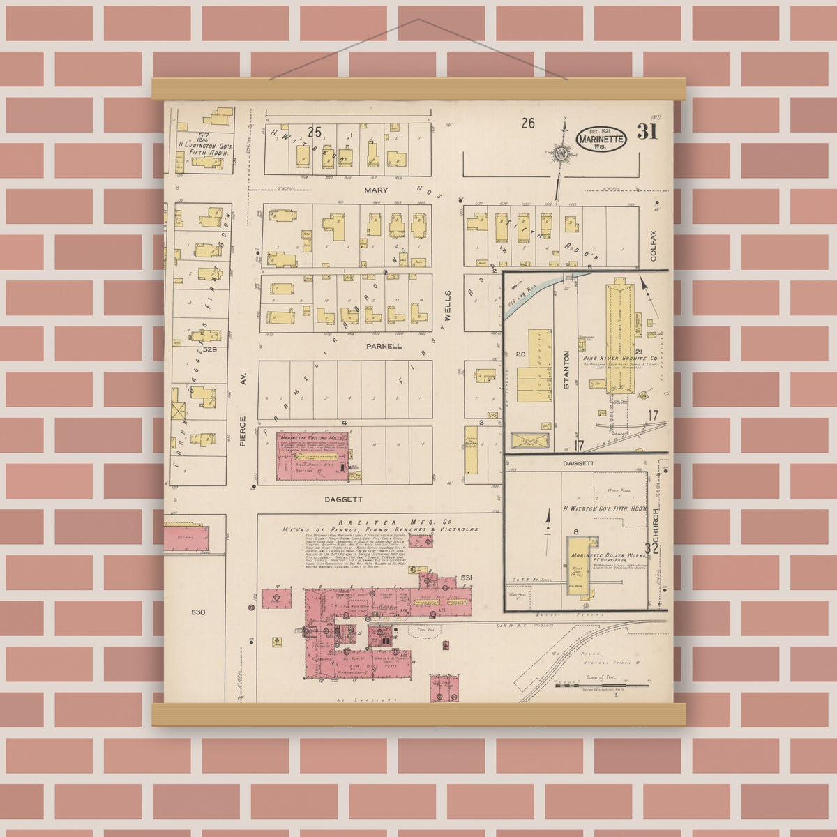 Old map wall art mockup — magnetic wood frame on brick wall — Sanborn Fire Insurance Map from Marinette, Marinette County, Wisconsin (1921), Sheet #0031