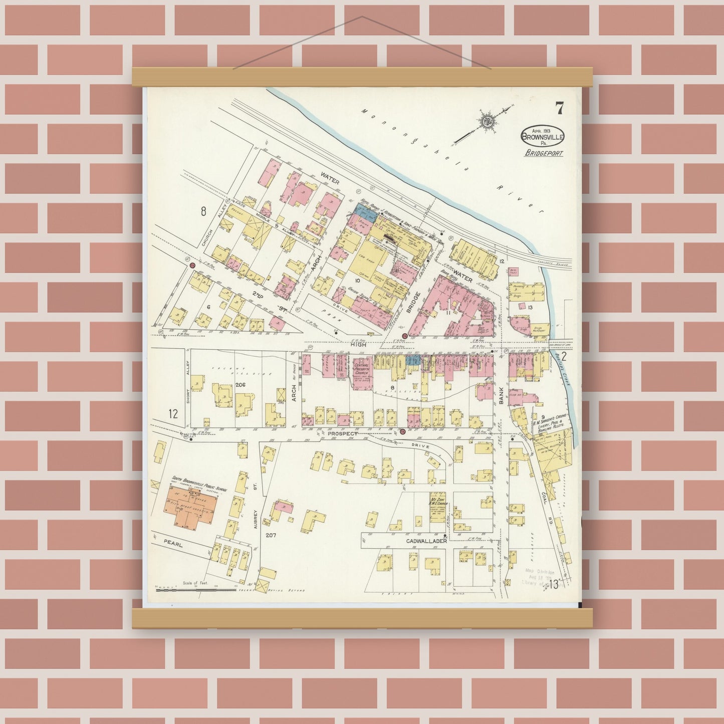 Old map wall art mockup — magnetic wood frame on brick wall — Sanborn Fire Insurance Map from Brownsville, Fayette County, Pennsylvania (1913), Sheet #0007