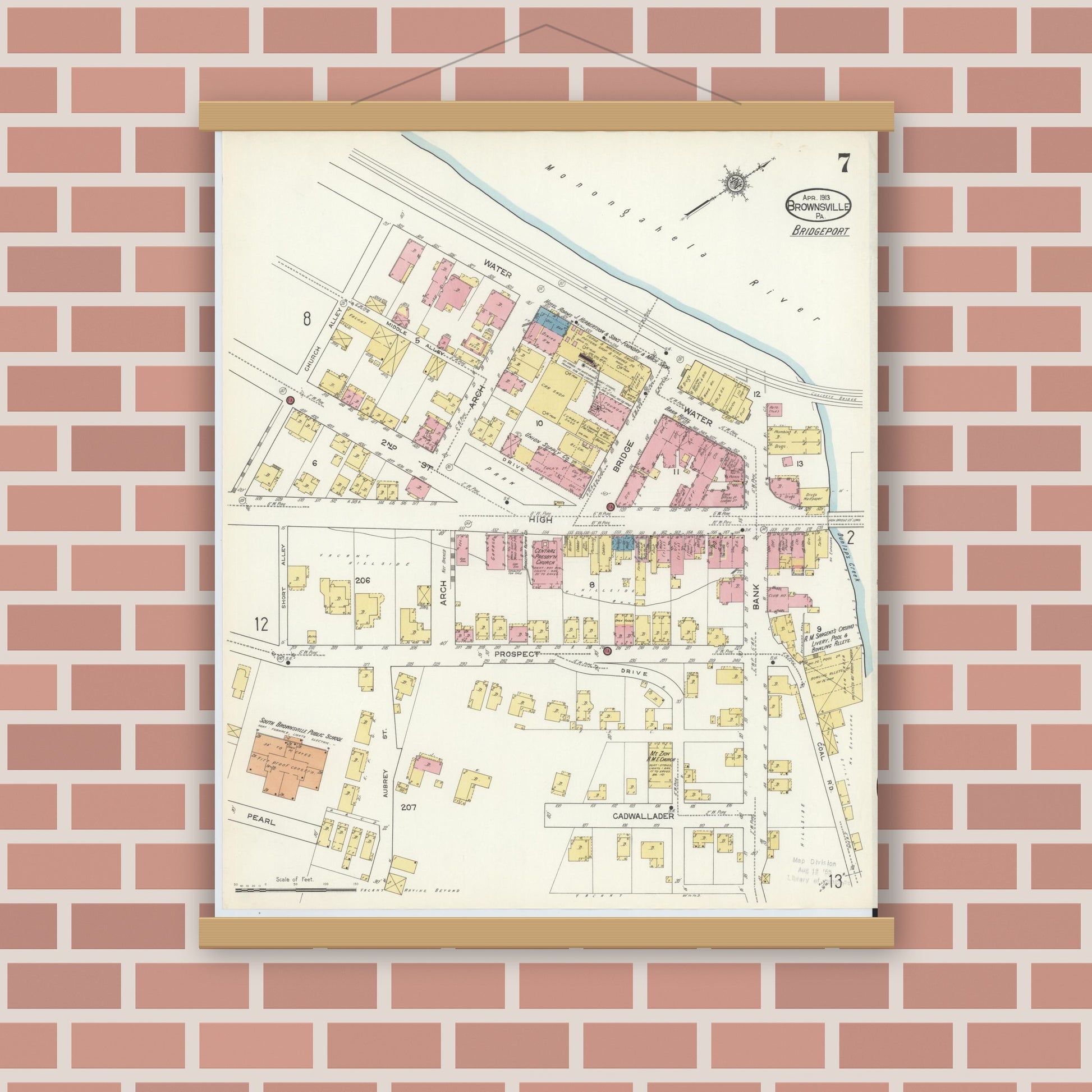 Old map wall art mockup — magnetic wood frame on brick wall — Sanborn Fire Insurance Map from Brownsville, Fayette County, Pennsylvania (1913), Sheet #0007
