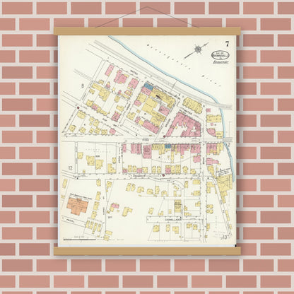 Old map wall art mockup — magnetic wood frame on brick wall — Sanborn Fire Insurance Map from Brownsville, Fayette County, Pennsylvania (1913), Sheet #0007