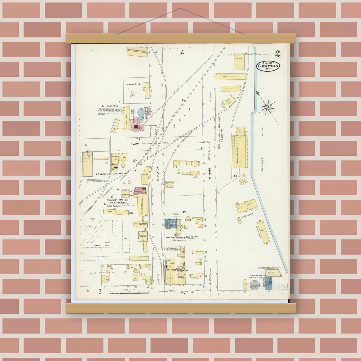 Old map wall art mockup — magnetic wood frame on brick wall — Sanborn Fire Insurance Map from Cheboygan, Cheboygan County, Michigan (1907), Sheet #0002