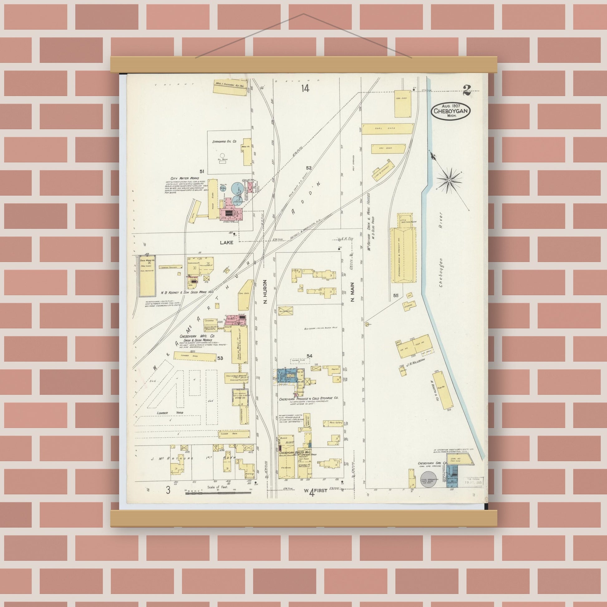 Old map wall art mockup — magnetic wood frame on brick wall — Sanborn Fire Insurance Map from Cheboygan, Cheboygan County, Michigan (1907), Sheet #0002