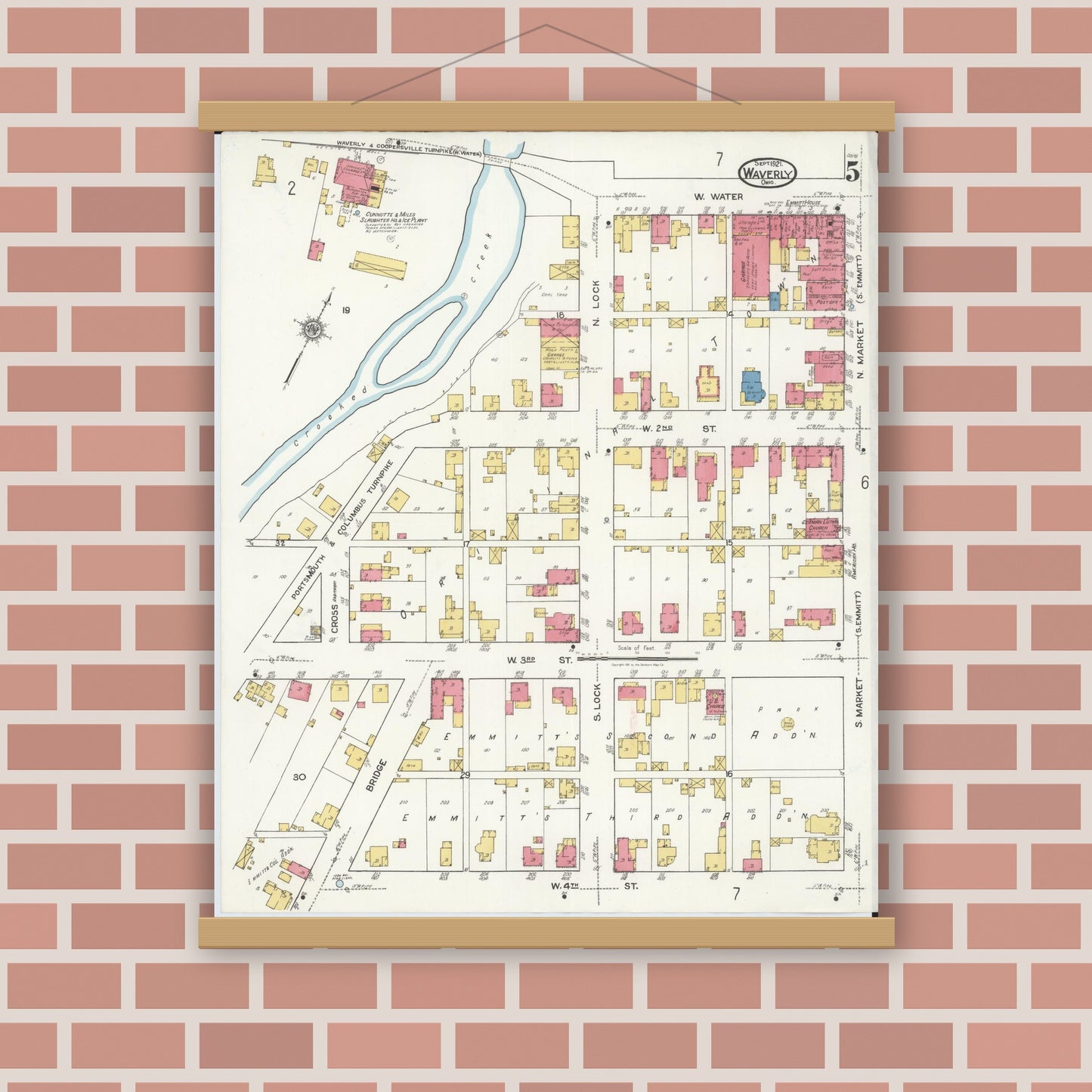 Old map wall art mockup — magnetic wood frame on brick wall — Sanborn Fire Insurance Map from Waverly, Pike County, Ohio (1921), Sheet #0005