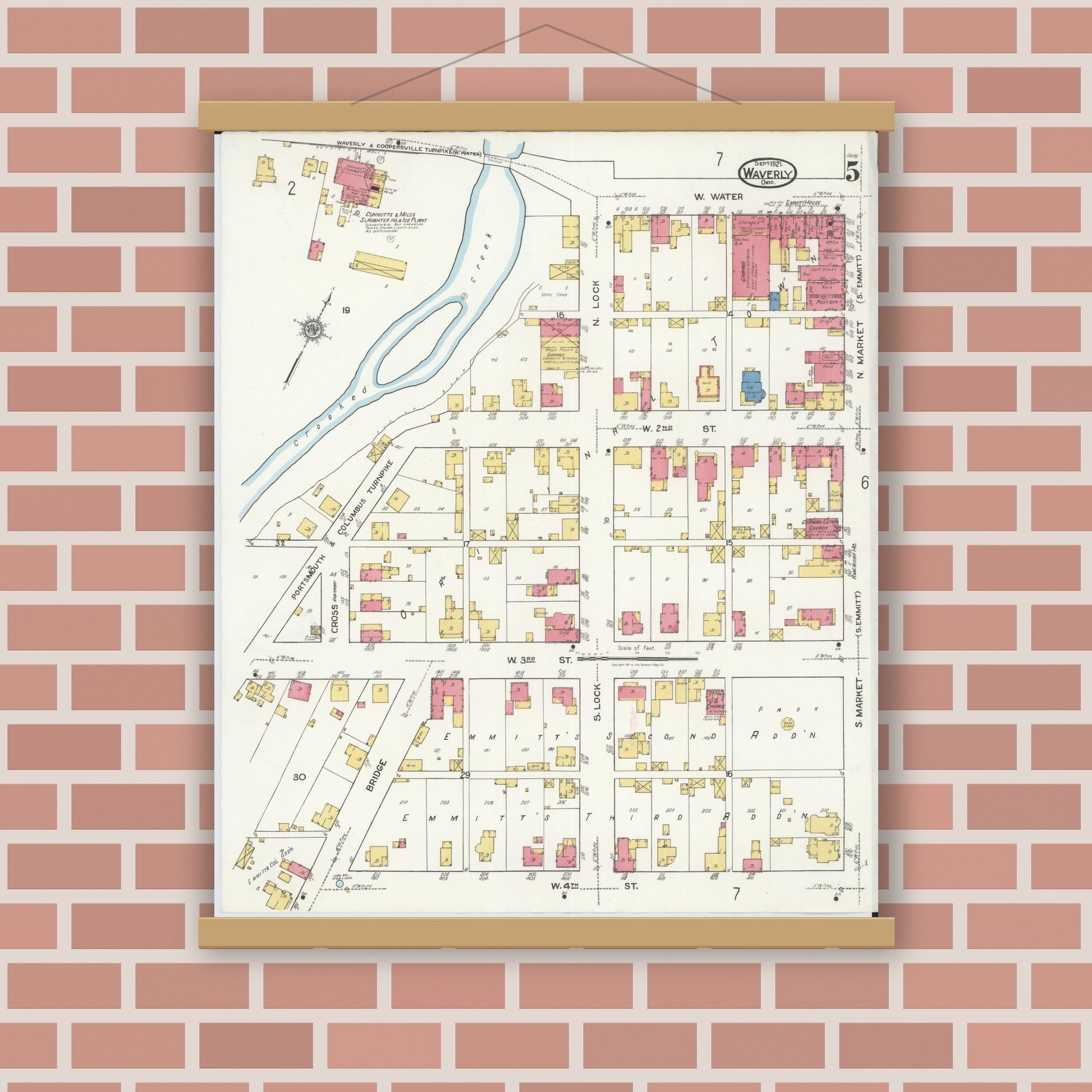 Old map wall art mockup — magnetic wood frame on brick wall — Sanborn Fire Insurance Map from Waverly, Pike County, Ohio (1921), Sheet #0005