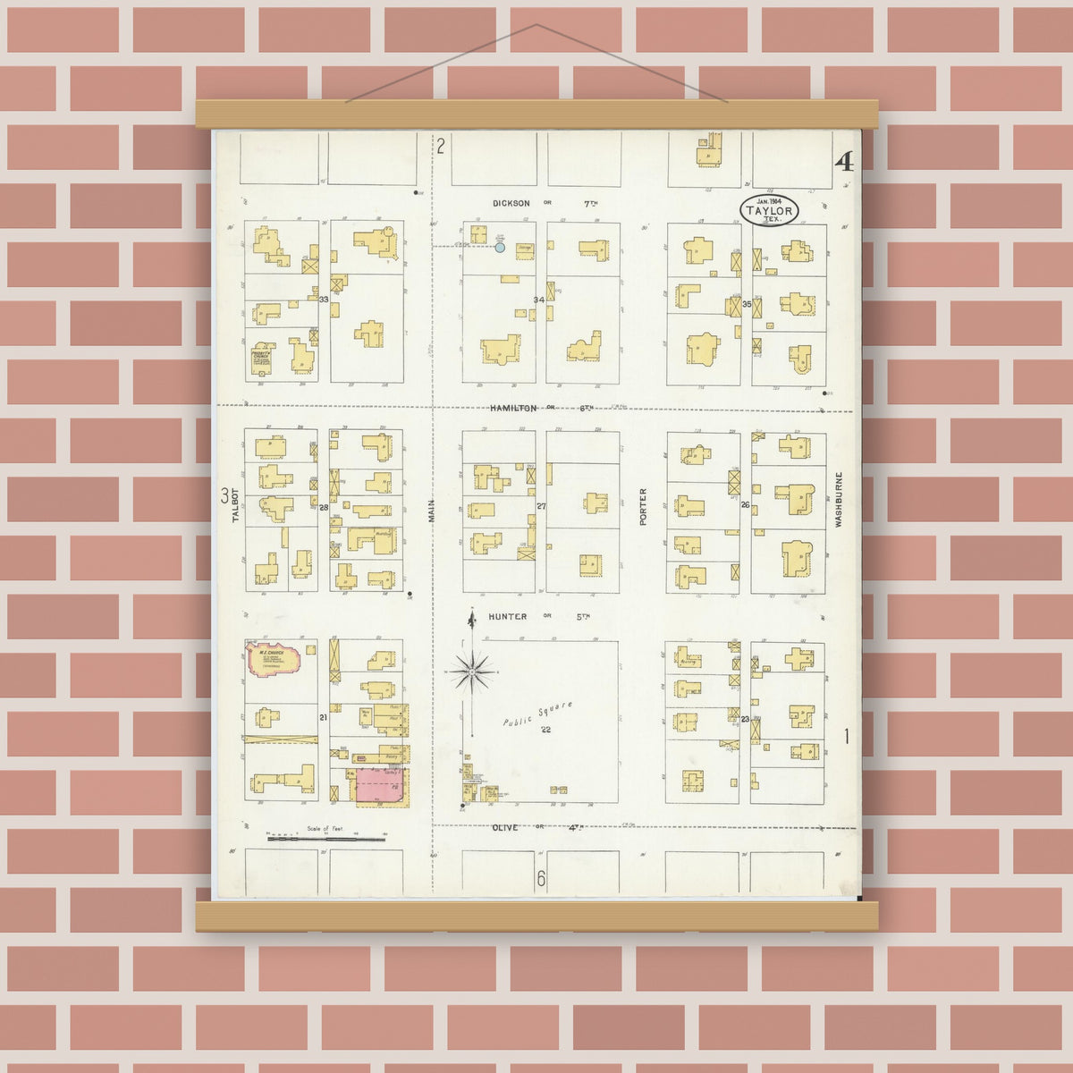 Old map wall art mockup — magnetic wood frame on brick wall — Sanborn Fire Insurance Map from Taylor, Williamson County, Texas (1904), Sheet #0004