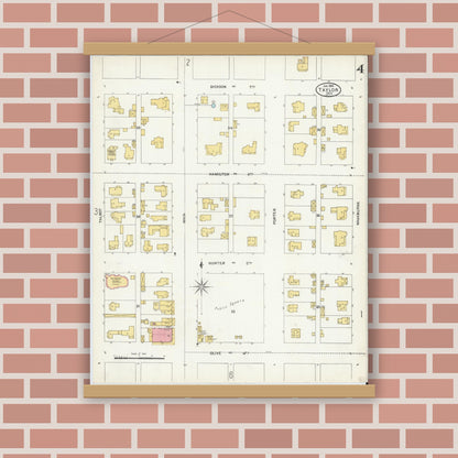 Old map wall art mockup — magnetic wood frame on brick wall — Sanborn Fire Insurance Map from Taylor, Williamson County, Texas (1904), Sheet #0004