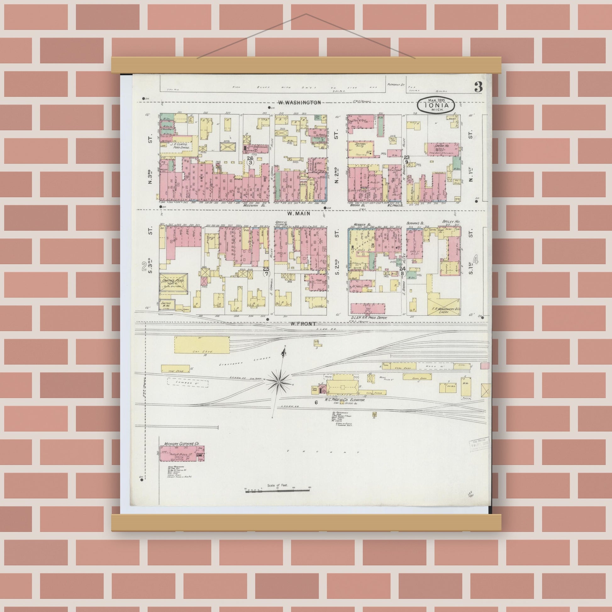 Old map wall art mockup — magnetic wood frame on brick wall — Sanborn Fire Insurance Map from Ionia, Ionia County, Michigan (1895), Sheet #0003