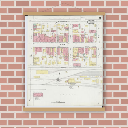 Old map wall art mockup — magnetic wood frame on brick wall — Sanborn Fire Insurance Map from Ionia, Ionia County, Michigan (1895), Sheet #0003