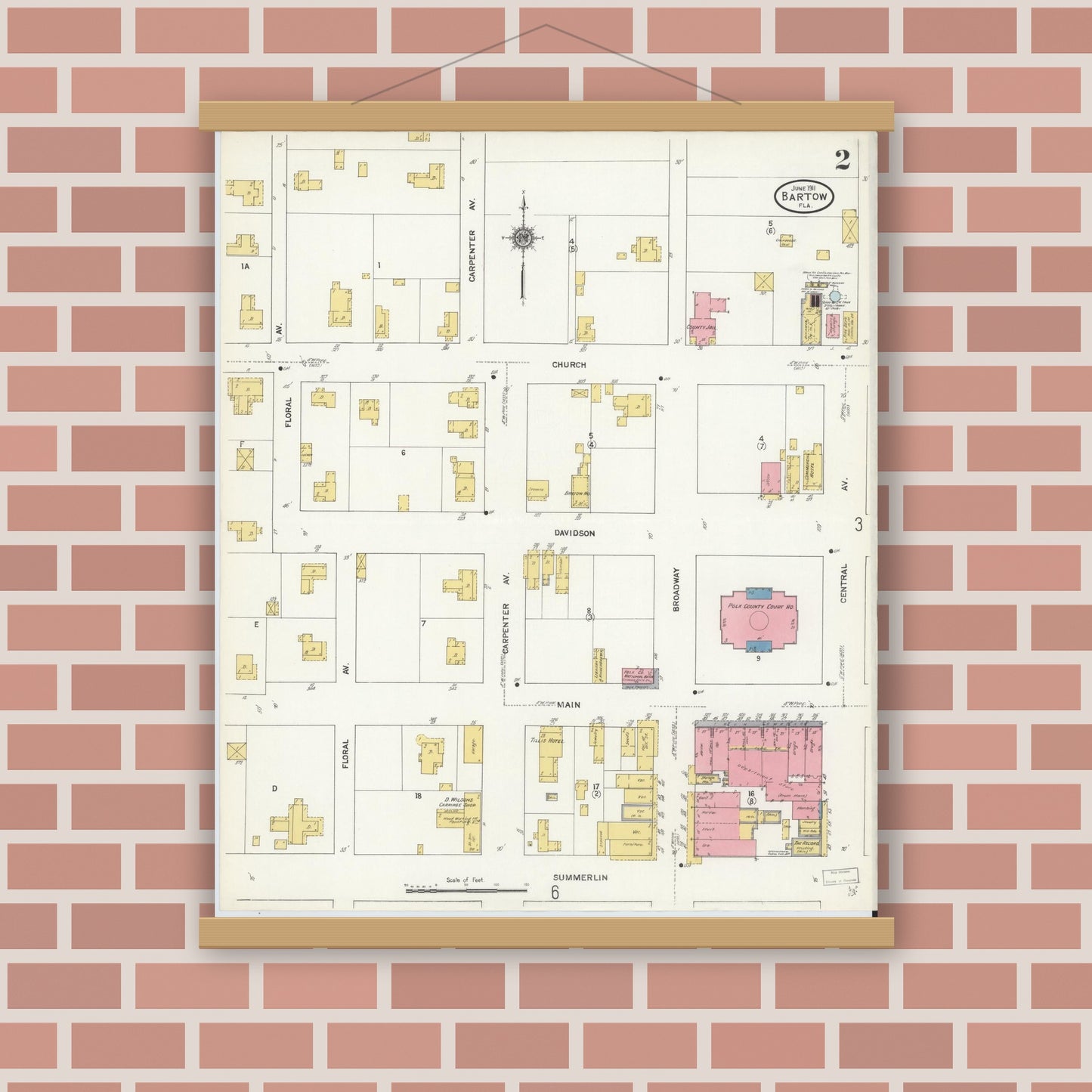 Old map wall art mockup — magnetic wood frame on brick wall — Sanborn Fire Insurance Map from Bartow, Polk County, Florida (1911), Sheet #0002