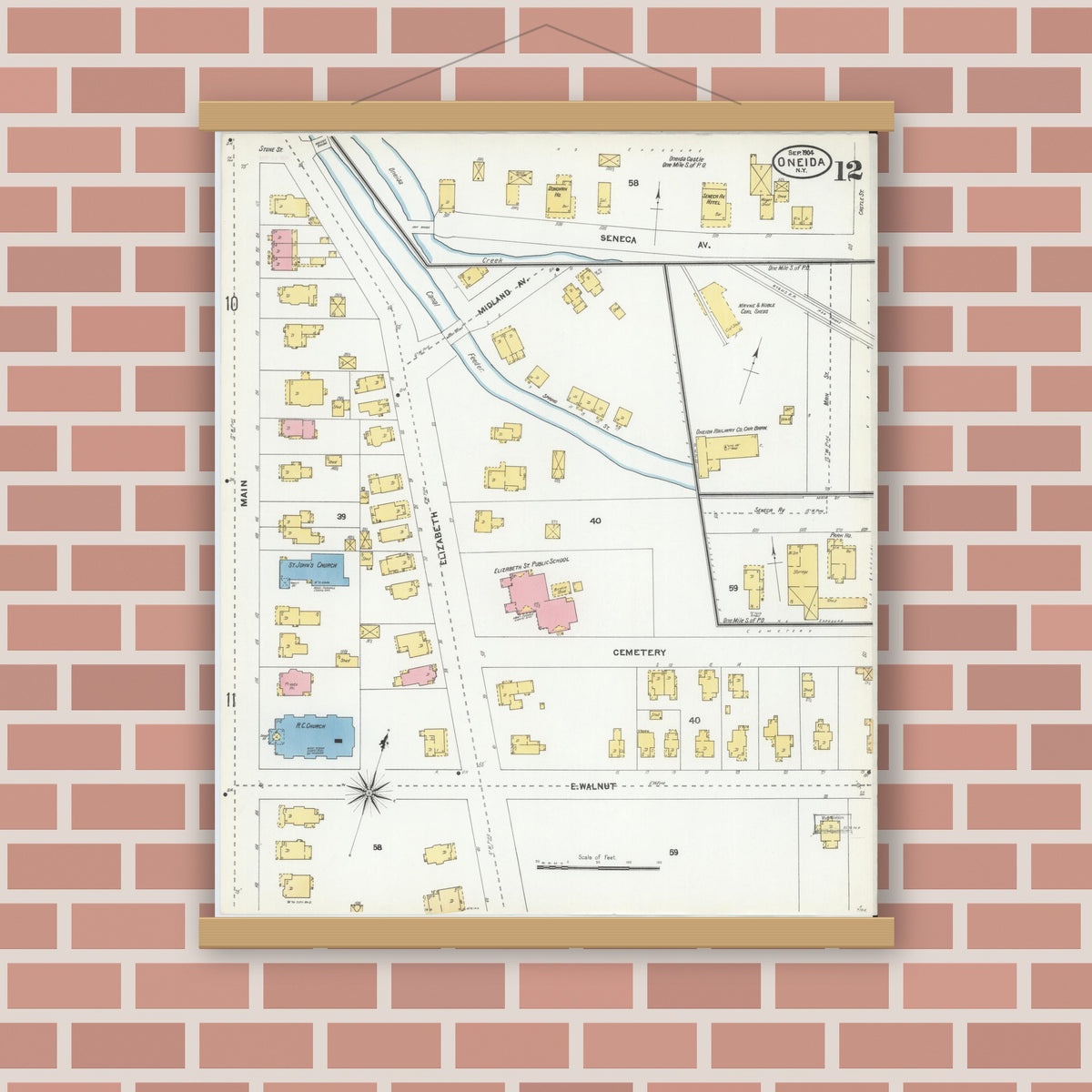 Old map wall art mockup — magnetic wood frame on brick wall — Sanborn Fire Insurance Map from Oneida, Madison County, New York (1904), Sheet #0011