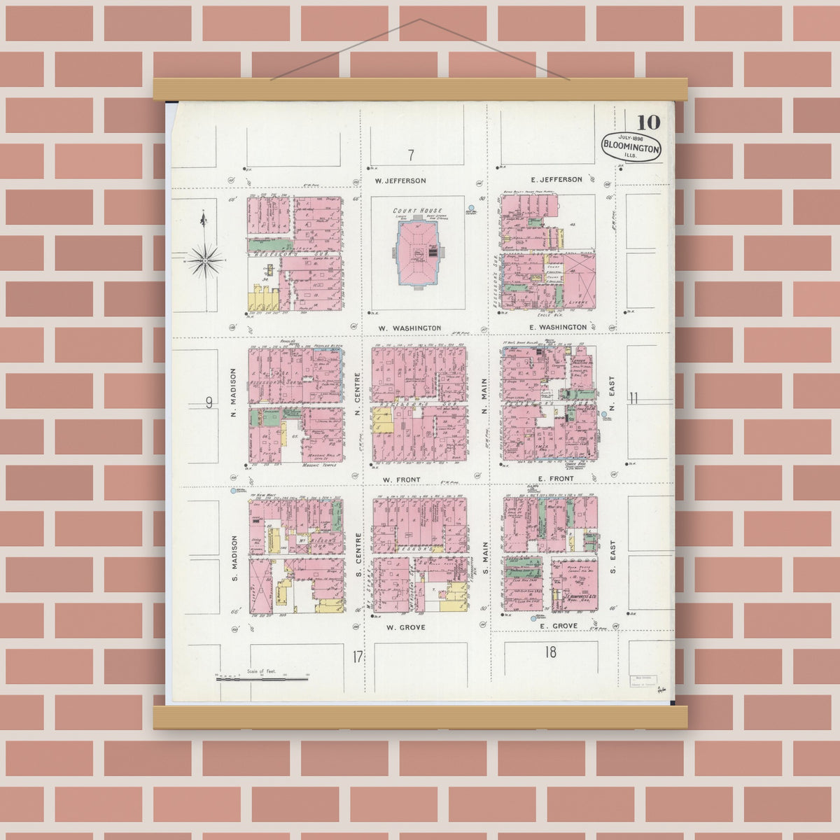 Old map wall art mockup — magnetic wood frame on brick wall — Sanborn Fire Insurance Map from Bloomington, McLean County, Illinois (1896), Sheet #0010