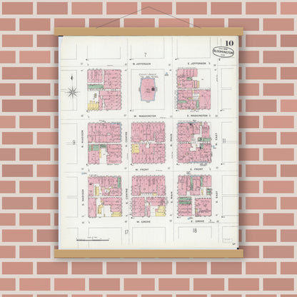 Old map wall art mockup — magnetic wood frame on brick wall — Sanborn Fire Insurance Map from Bloomington, McLean County, Illinois (1896), Sheet #0010