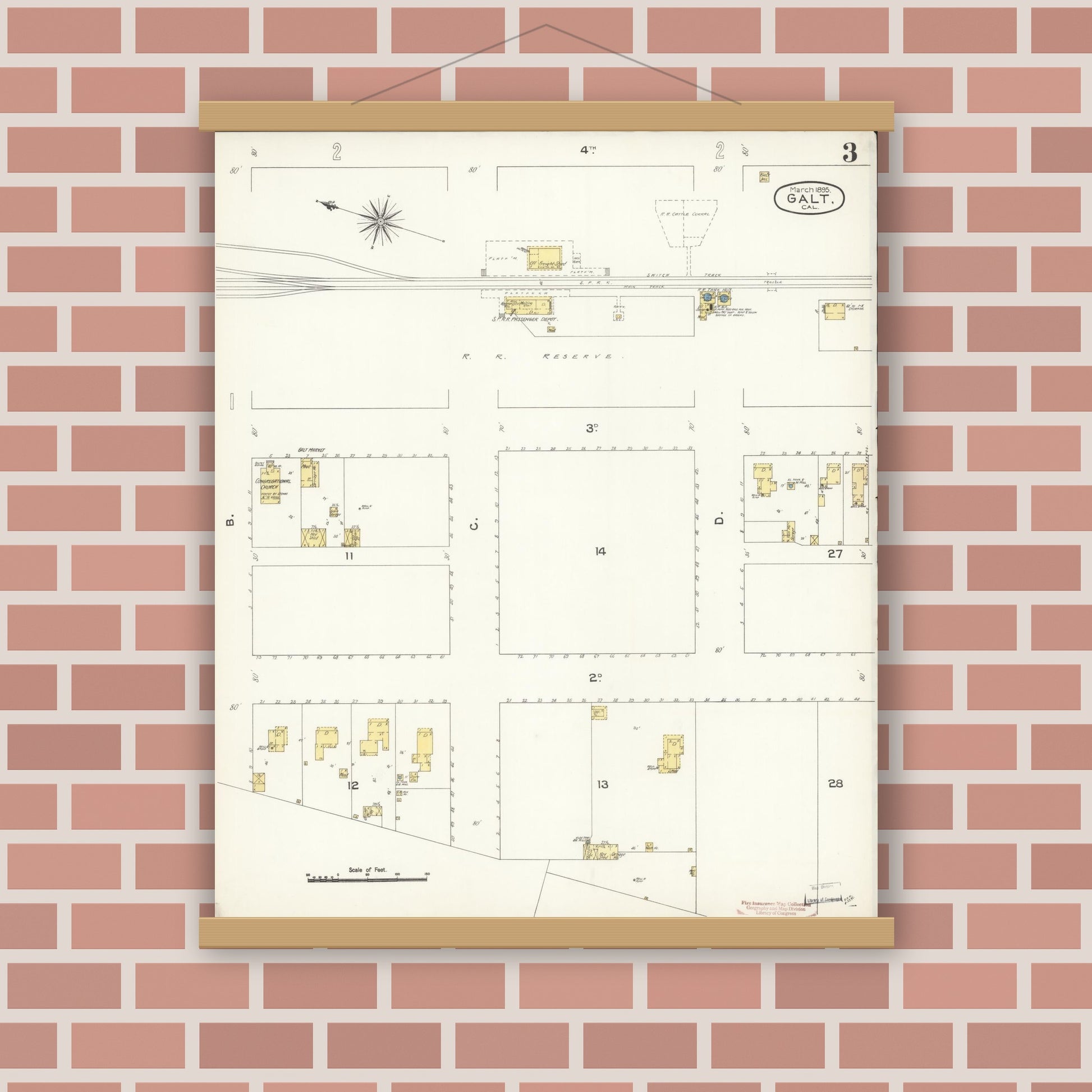 Old map wall art mockup — magnetic wood frame on brick wall — Sanborn Fire Insurance Map from Galt, Sacramento County, California (1895), Sheet #0003