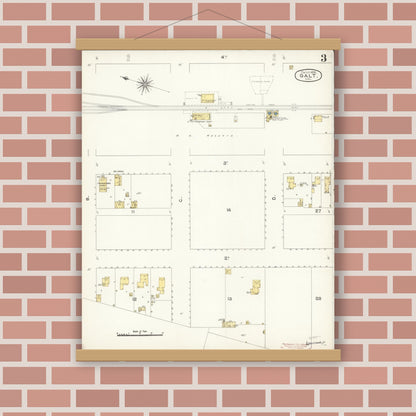 Old map wall art mockup — magnetic wood frame on brick wall — Sanborn Fire Insurance Map from Galt, Sacramento County, California (1895), Sheet #0003