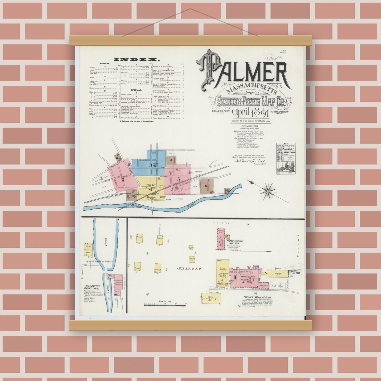 Old map wall art mockup — magnetic wood frame on brick wall — Sanborn Fire Insurance Map from Palmer, Hampden County, Massachusetts (1891) - Complete Map Set