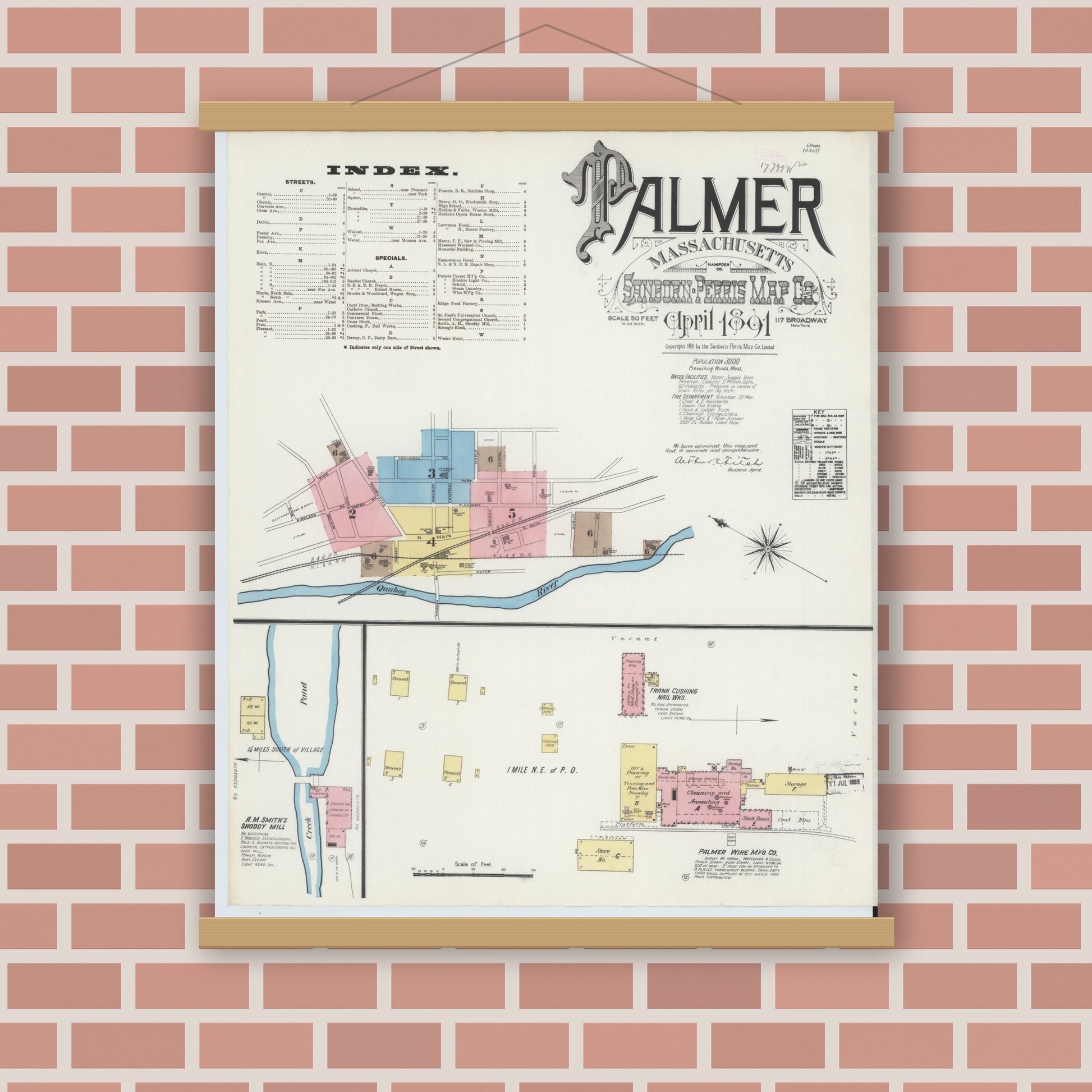 Old map wall art mockup — magnetic wood frame on brick wall — Sanborn Fire Insurance Map from Palmer, Hampden County, Massachusetts (1891) - Complete Map Set