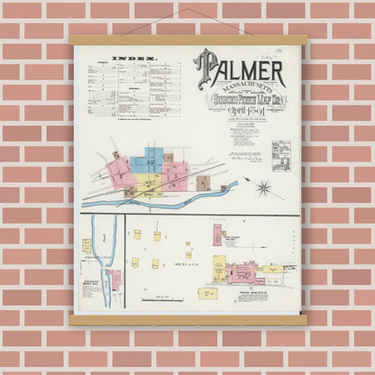 Old map wall art mockup — magnetic wood frame on brick wall — Sanborn Fire Insurance Map from Palmer, Hampden County, Massachusetts (1891) - Complete Map Set
