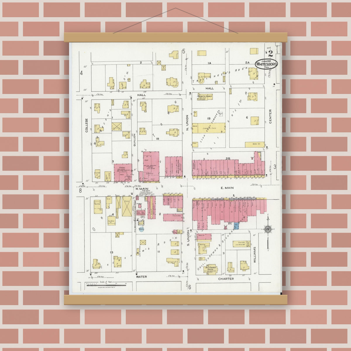 Old map wall art mockup — magnetic wood frame on brick wall — Sanborn Fire Insurance Map from Whitesboro, Grayson County, Texas (1921), Sheet #0002