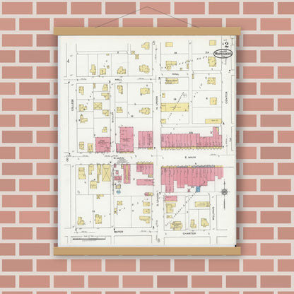 Old map wall art mockup — magnetic wood frame on brick wall — Sanborn Fire Insurance Map from Whitesboro, Grayson County, Texas (1921), Sheet #0002