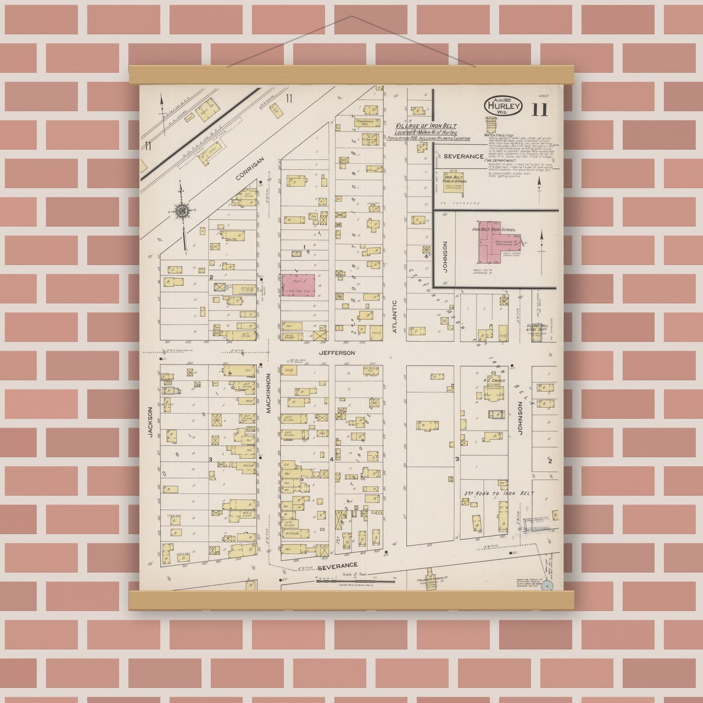 Old map wall art mockup — magnetic wood frame on brick wall — Sanborn Fire Insurance Map from Hurley, Iron County, Wisconsin (1922), Sheet #0011