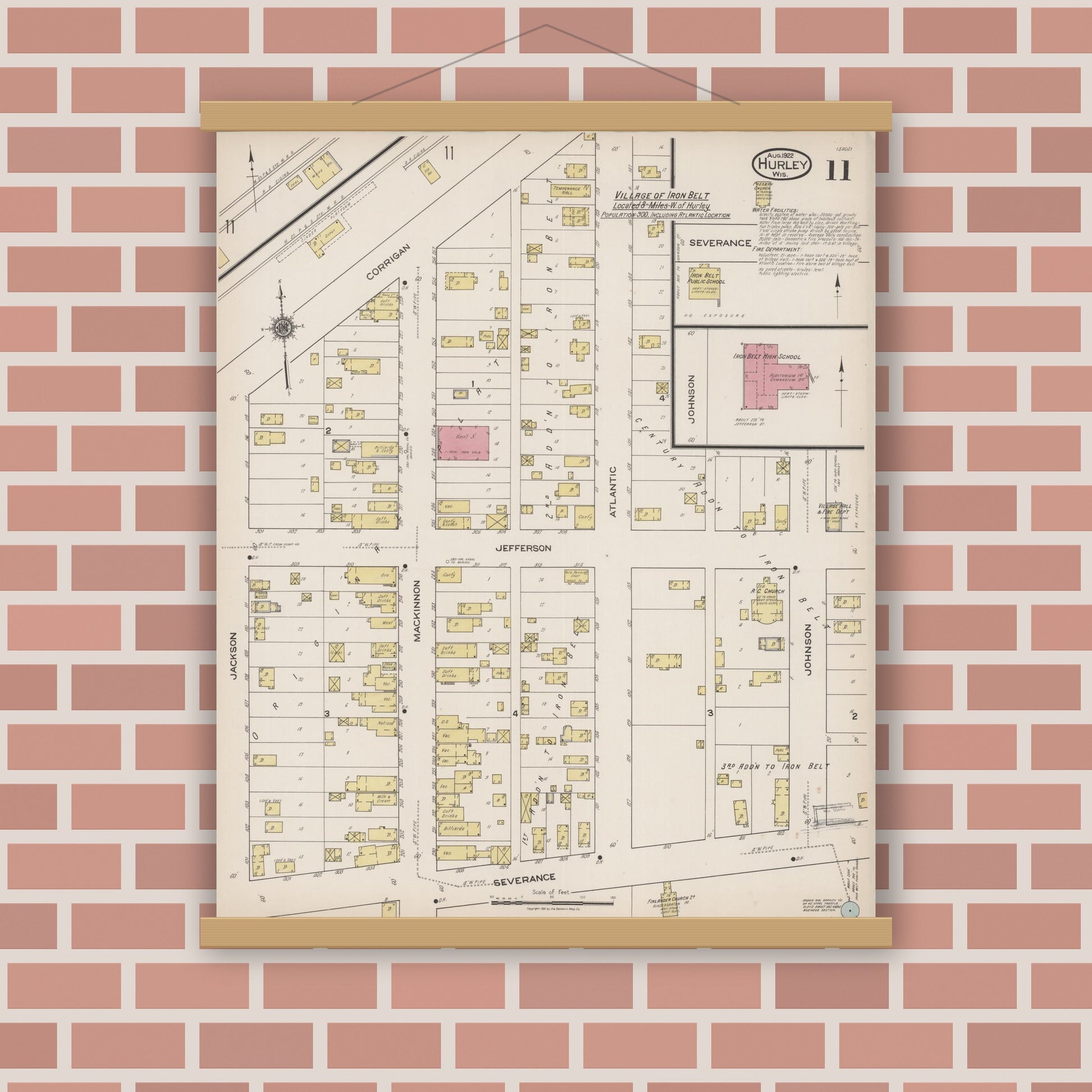 Old map wall art mockup — magnetic wood frame on brick wall — Sanborn Fire Insurance Map from Hurley, Iron County, Wisconsin (1922), Sheet #0011