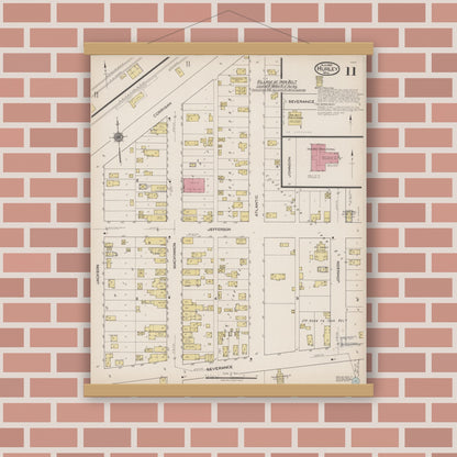 Old map wall art mockup — magnetic wood frame on brick wall — Sanborn Fire Insurance Map from Hurley, Iron County, Wisconsin (1922), Sheet #0011