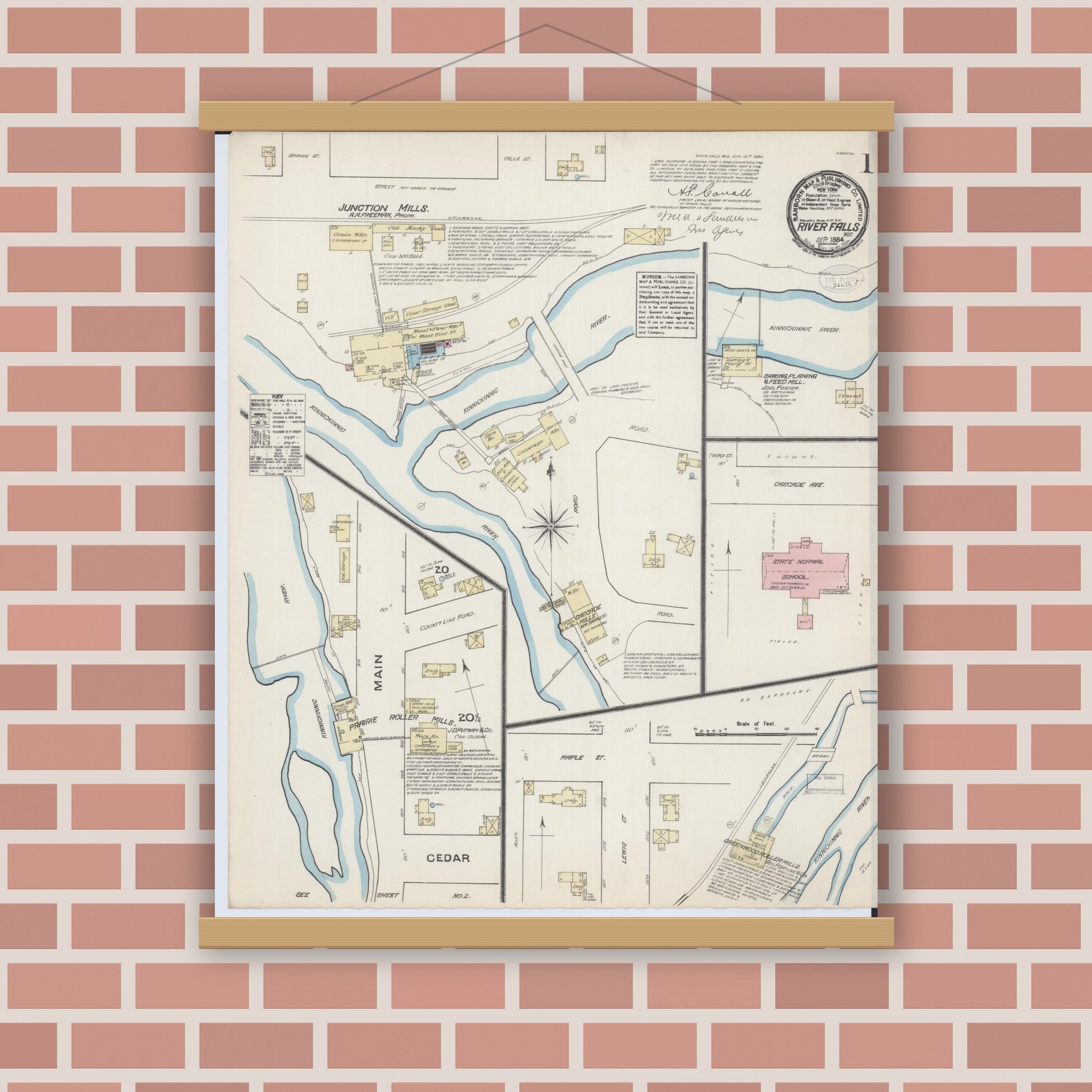 Old map wall art mockup — magnetic wood frame on brick wall — Sanborn Fire Insurance Map from River Falls, St. Croix and Pierce Counties, Wisconsin (1884) - Complete Map Set