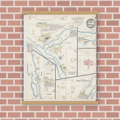 Old map wall art mockup — magnetic wood frame on brick wall — Sanborn Fire Insurance Map from River Falls, St. Croix and Pierce Counties, Wisconsin (1884) - Complete Map Set