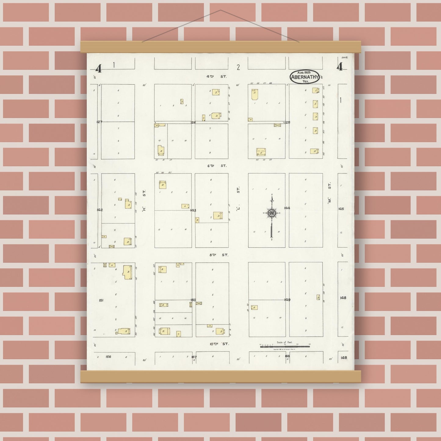Old map wall art mockup — magnetic wood frame on brick wall — Sanborn Fire Insurance Map from Abernathy, Hale County, Texas (1925), Sheet #0004