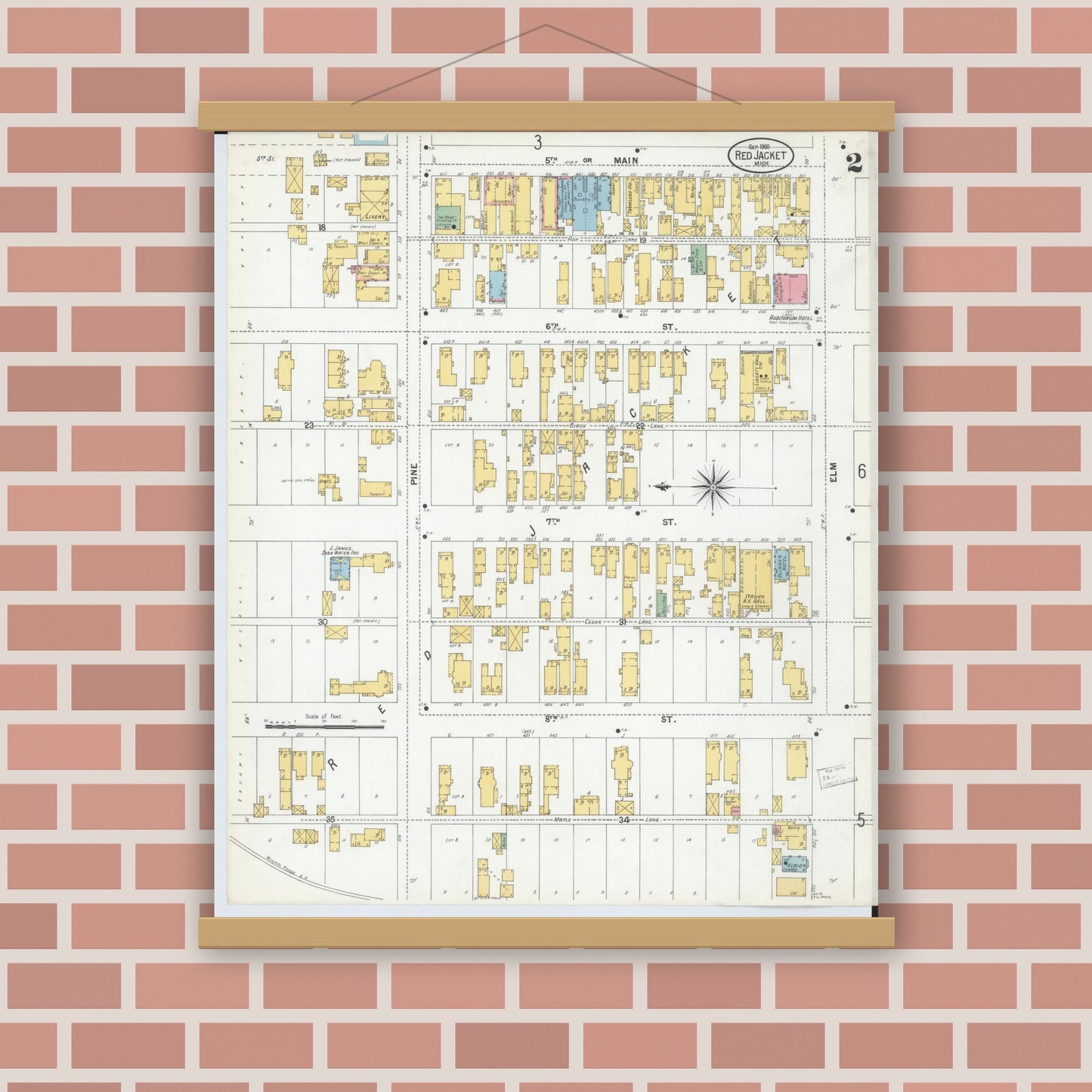 Old map wall art mockup — magnetic wood frame on brick wall — Sanborn Fire Insurance Map from Red Jacket, Houghton County, Michigan (1900), Sheet #0002