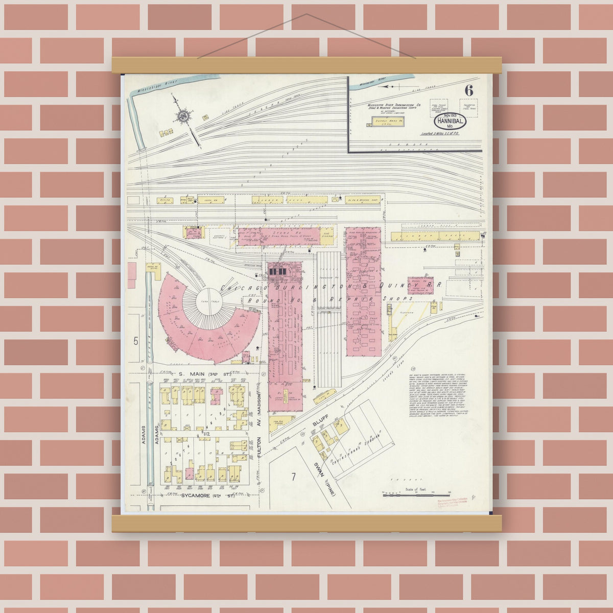 Old map wall art mockup — magnetic wood frame on brick wall — Sanborn Fire Insurance Map from Hannibal, Marion County, Missouri (1913), Sheet #0006