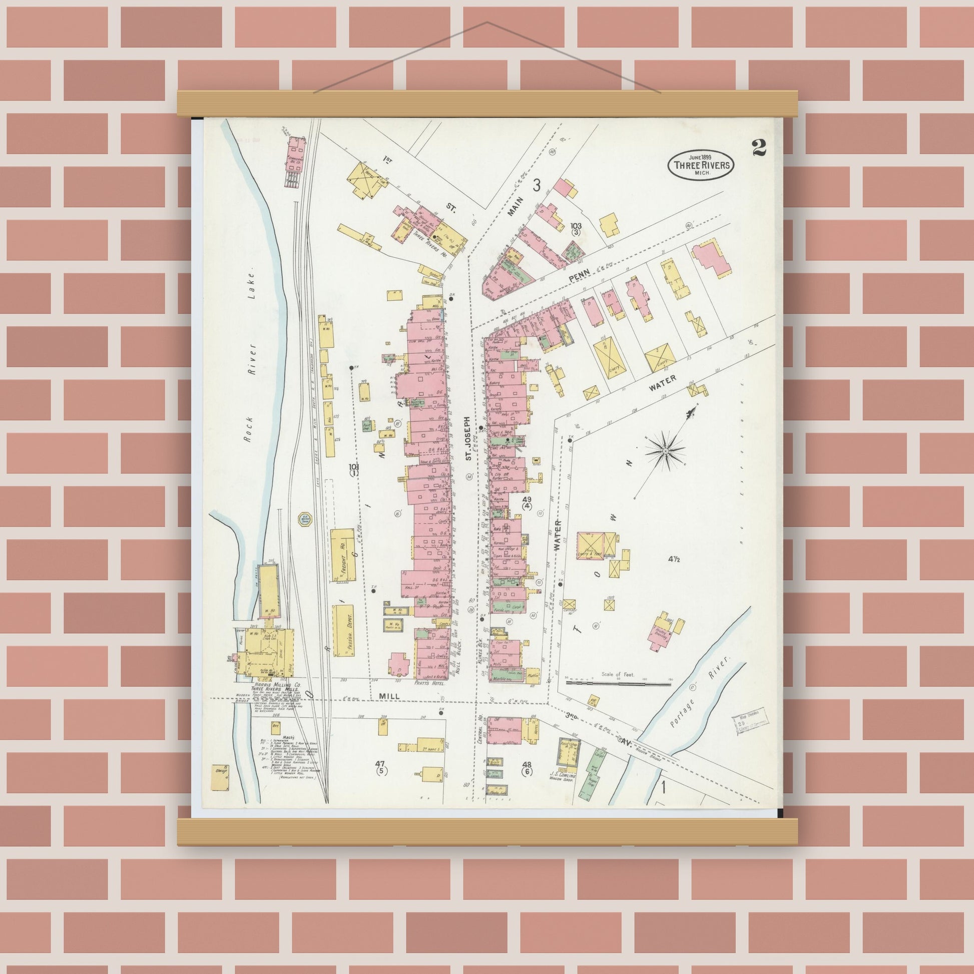 Old map wall art mockup — magnetic wood frame on brick wall — Sanborn Fire Insurance Map from Three Rivers, Saint Joseph County, Michigan (1899), Sheet #0002