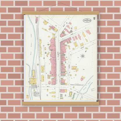 Old map wall art mockup — magnetic wood frame on brick wall — Sanborn Fire Insurance Map from Three Rivers, Saint Joseph County, Michigan (1899), Sheet #0002