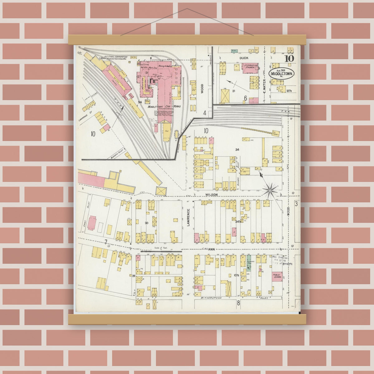 Old map wall art mockup — magnetic wood frame on brick wall — Sanborn Fire Insurance Map from Middletown, Dauphin County, Pennsylvania (1902), Sheet #0010