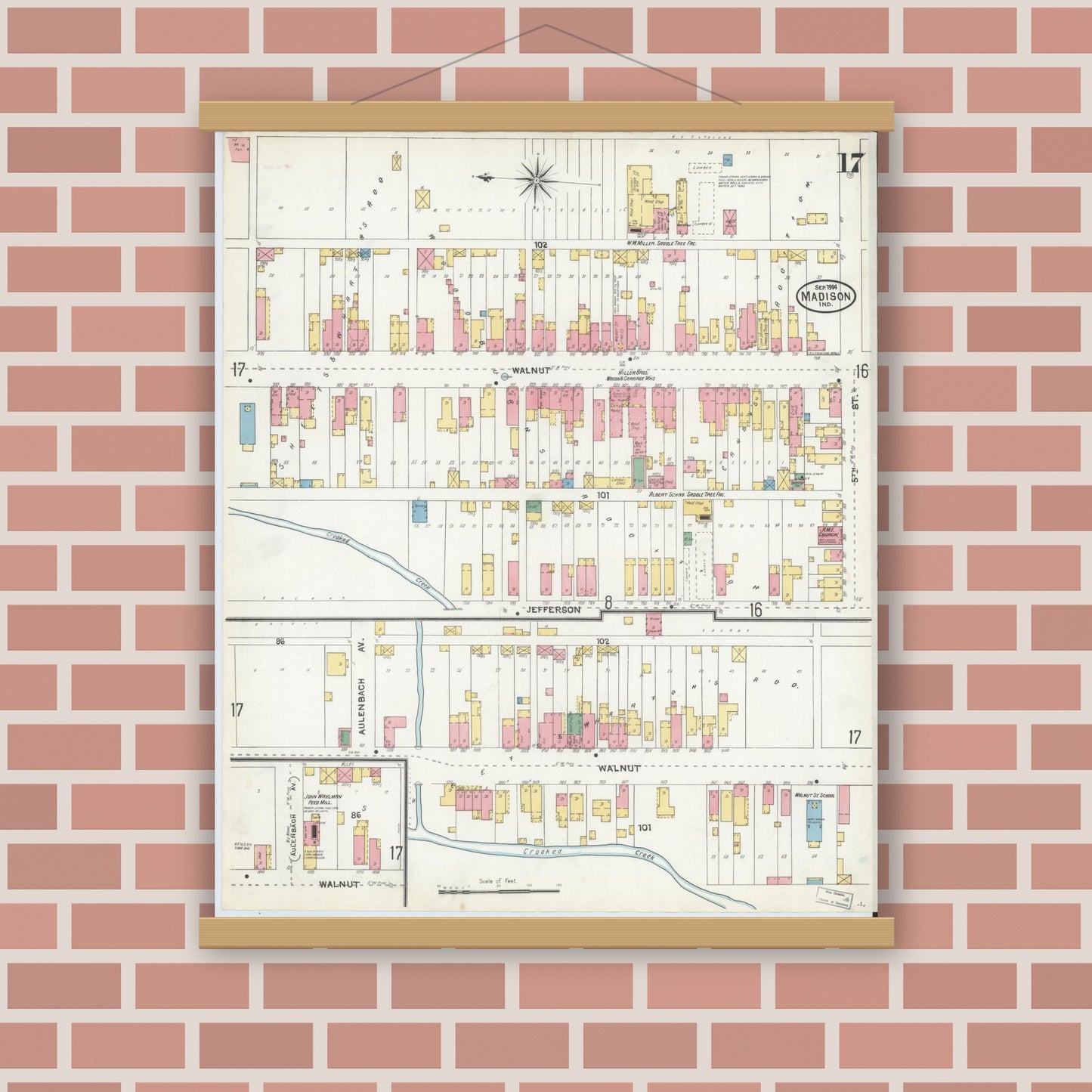 Old map wall art mockup — magnetic wood frame on brick wall — Sanborn Fire Insurance Map from Madison, Jefferson County, Indiana (1904), Sheet #0017