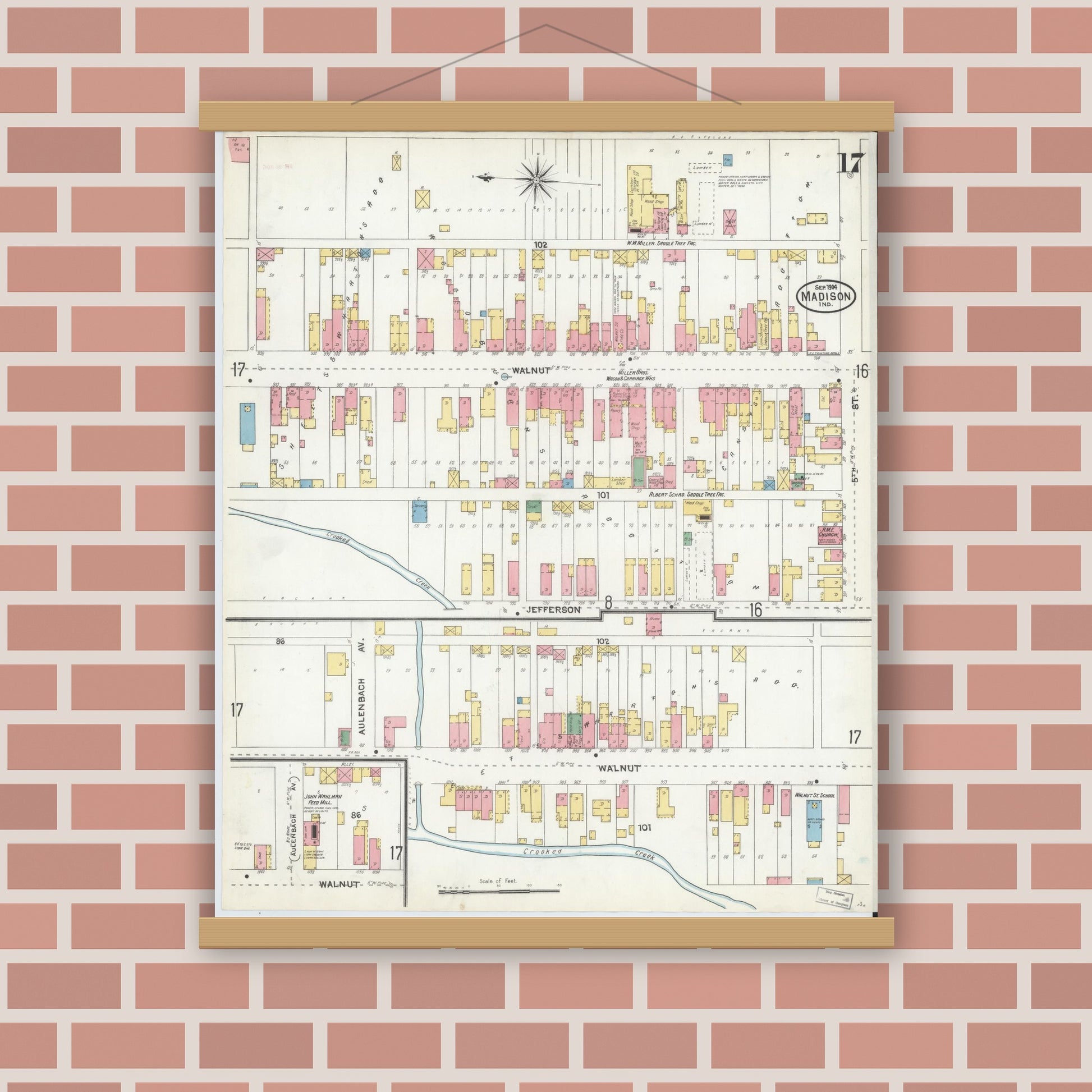 Old map wall art mockup — magnetic wood frame on brick wall — Sanborn Fire Insurance Map from Madison, Jefferson County, Indiana (1904), Sheet #0017