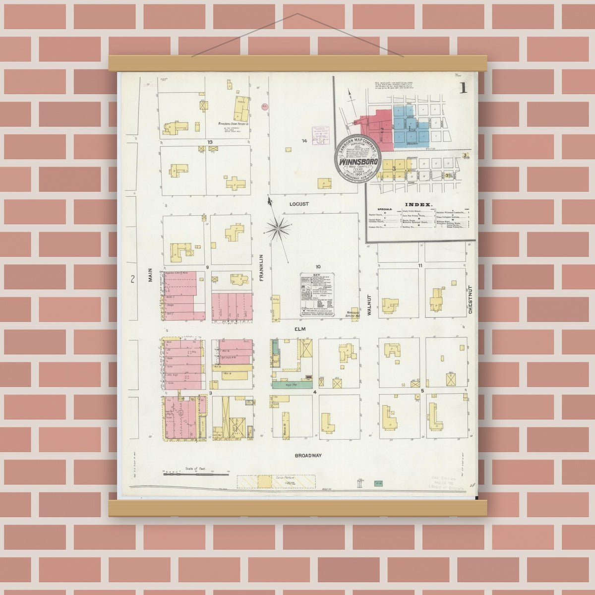Old map wall art mockup — magnetic wood frame on brick wall — Sanborn Fire Insurance Map from Winnsboro, Wood County, Texas (1904) - Complete Map Set