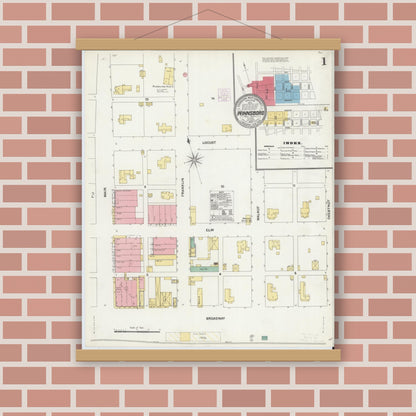 Old map wall art mockup — magnetic wood frame on brick wall — Sanborn Fire Insurance Map from Winnsboro, Wood County, Texas (1904) - Complete Map Set