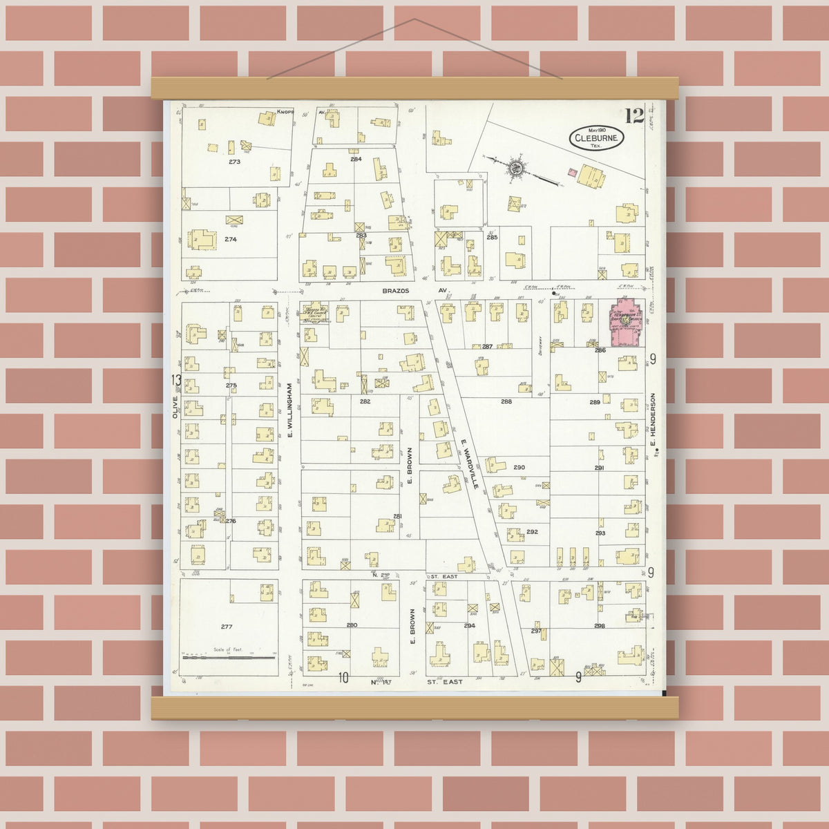 Old map wall art mockup — magnetic wood frame on brick wall — Sanborn Fire Insurance Map from Cleburne, Johnson County, Texas (1910), Sheet #0012