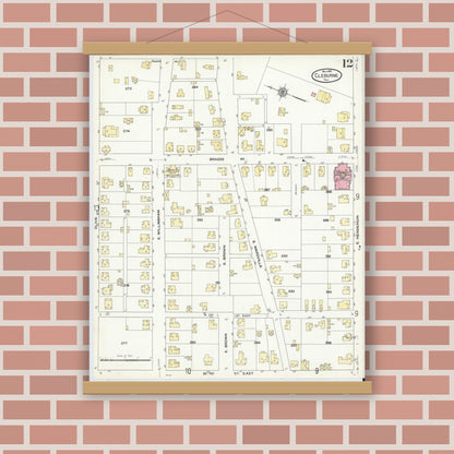 Old map wall art mockup — magnetic wood frame on brick wall — Sanborn Fire Insurance Map from Cleburne, Johnson County, Texas (1910), Sheet #0012