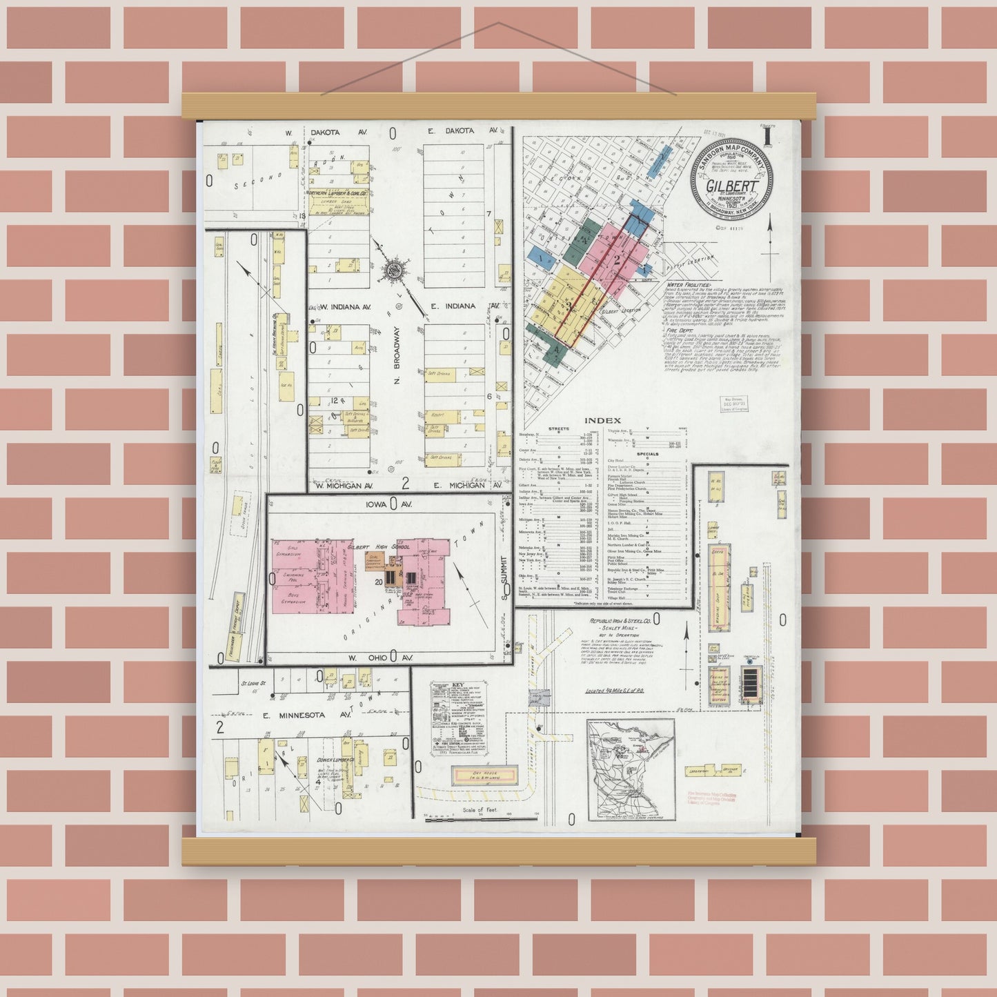Old map wall art mockup — magnetic wood frame on brick wall — Sanborn Fire Insurance Map from Gilbert, Saint Louis County, Minnesota (1921), Sheet #0001