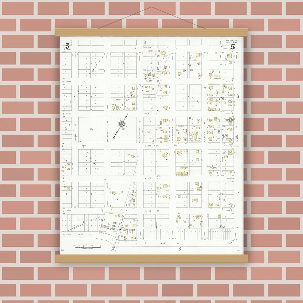 Old map wall art mockup — magnetic wood frame on brick wall — Sanborn Fire Insurance Map from Odessa, Edger County, Texas (1934), Sheet #0005
