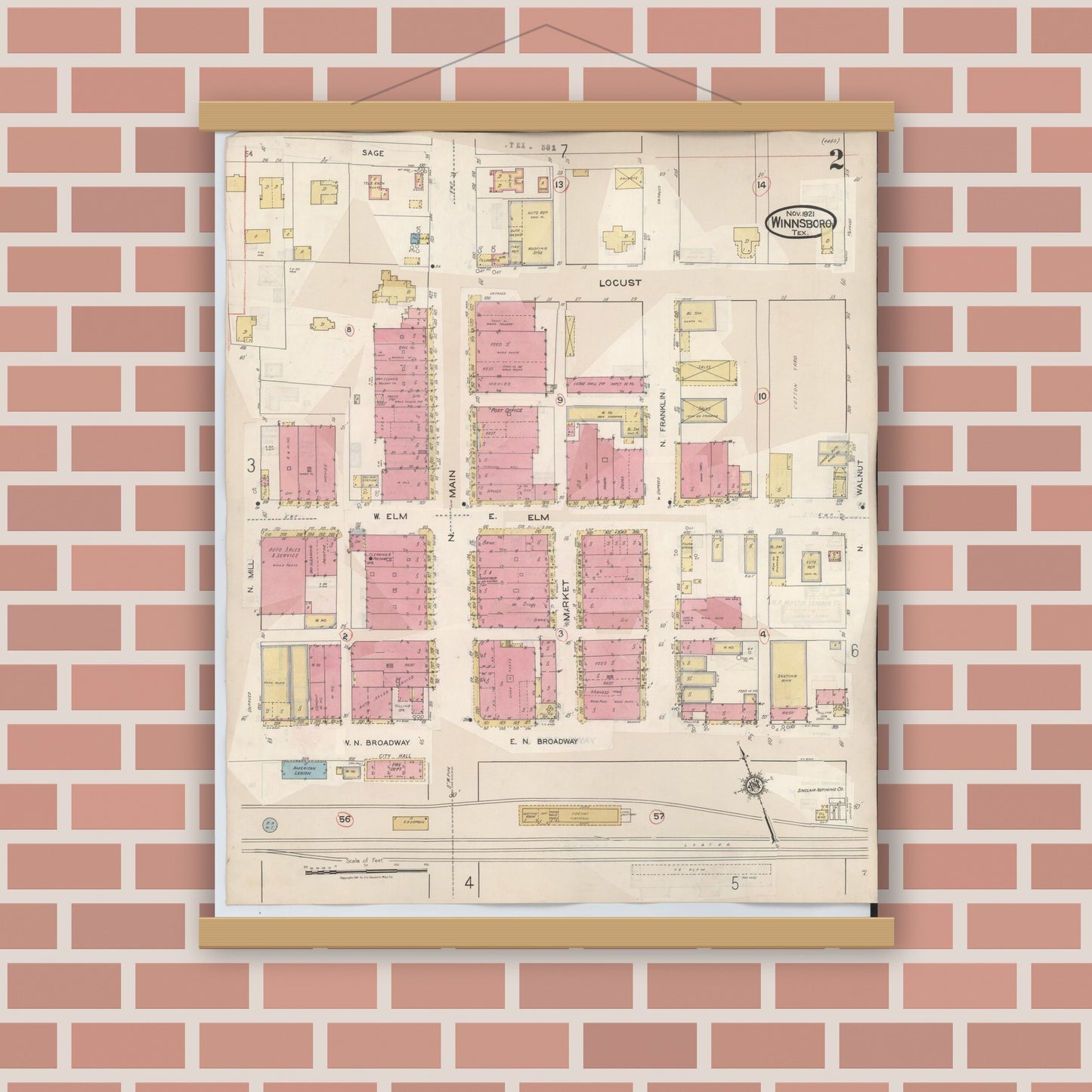 Old map wall art mockup — magnetic wood frame on brick wall — Sanborn Fire Insurance Map from Winnsboro, Wood County, Texas (1943), Sheet #0002