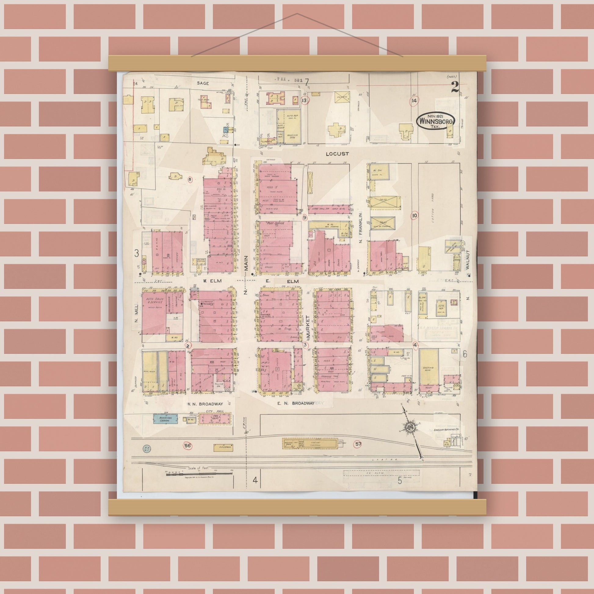 Old map wall art mockup — magnetic wood frame on brick wall — Sanborn Fire Insurance Map from Winnsboro, Wood County, Texas (1943), Sheet #0002