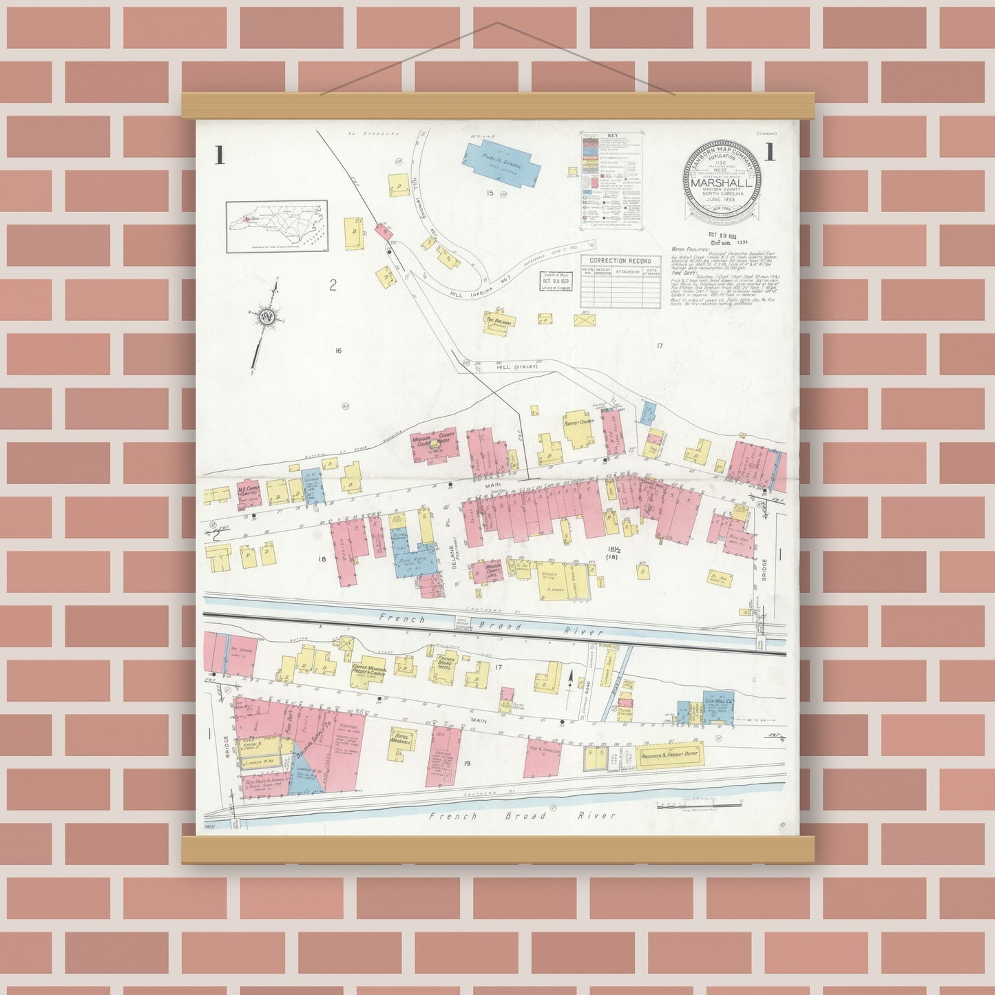 Old map wall art mockup — magnetic wood frame on brick wall — Sanborn Fire Insurance Map from Marshall, Madison County, North Carolina (1933), Sheet #0001
