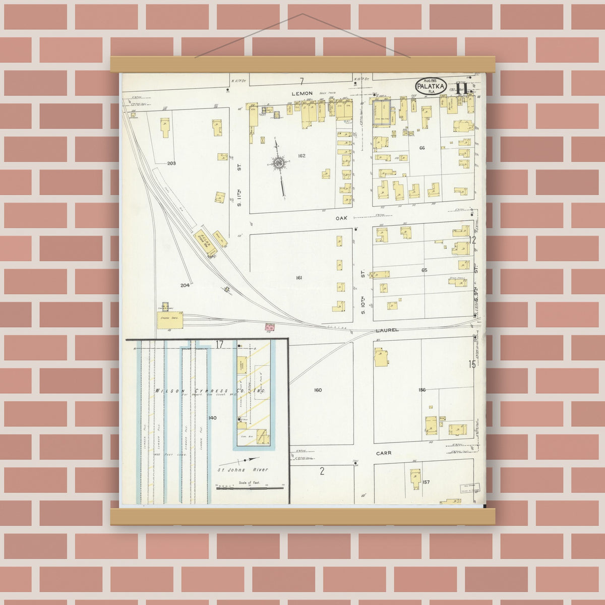Old map wall art mockup — magnetic wood frame on brick wall — Sanborn Fire Insurance Map from Palatka, Putnam County, Florida (1915), Sheet #0011